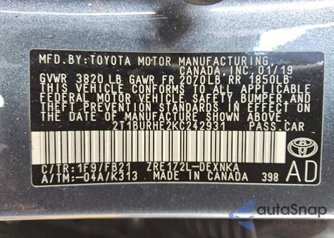 2019 Toyota Corolla L z USA, uszkodzony, nr VIN 2T1BURHE2KC242931